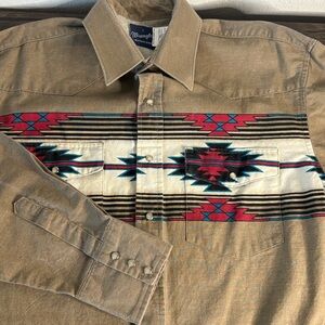 Vtg 90s Wrangler Western Pearl Snap Aztec Navajo Southwest Heavy Shirt Mens Sz L